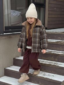 Hapijoa Young Girl Plaid Fashion Versatile Zipper Long Sleeve Padded Coat - Brown - View 11
