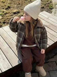 Hapijoa Young Girl Plaid Fashion Versatile Zipper Long Sleeve Padded Coat - Brown - View 9