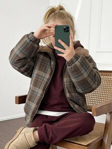 Hapijoa Young Girl Plaid Fashion Versatile Zipper Long Sleeve Padded Coat - Brown - View 8