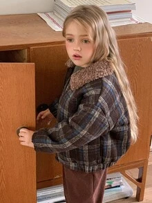 Hapijoa Young Girl Plaid Fashion Versatile Zipper Long Sleeve Padded Coat - Brown - View 1