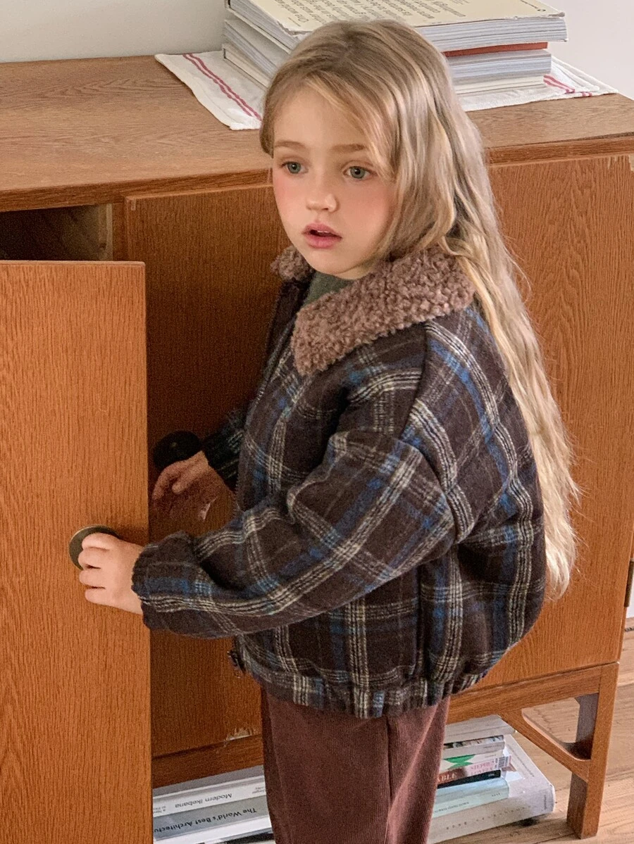 Hapijoa Young Girl Plaid Fashion Versatile Zipper Long Sleeve Padded Coat - Brown - View 1