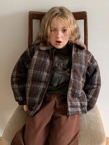 Hapijoa Young Girl Plaid Fashion Versatile Zipper Long Sleeve Padded Coat - Brown - View 7