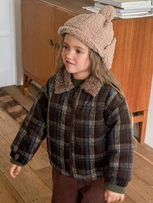 Hapijoa Young Girl Plaid Fashion Versatile Zipper Long Sleeve Padded Coat - Brown - View 6