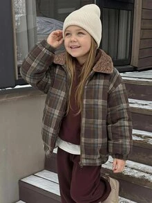 Hapijoa Young Girl Plaid Fashion Versatile Zipper Long Sleeve Padded Coat - Brown - View 10