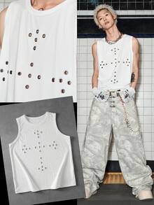 ROMWE MEN Street Life Men's Cross Eyelet Tank Top - White - View 7