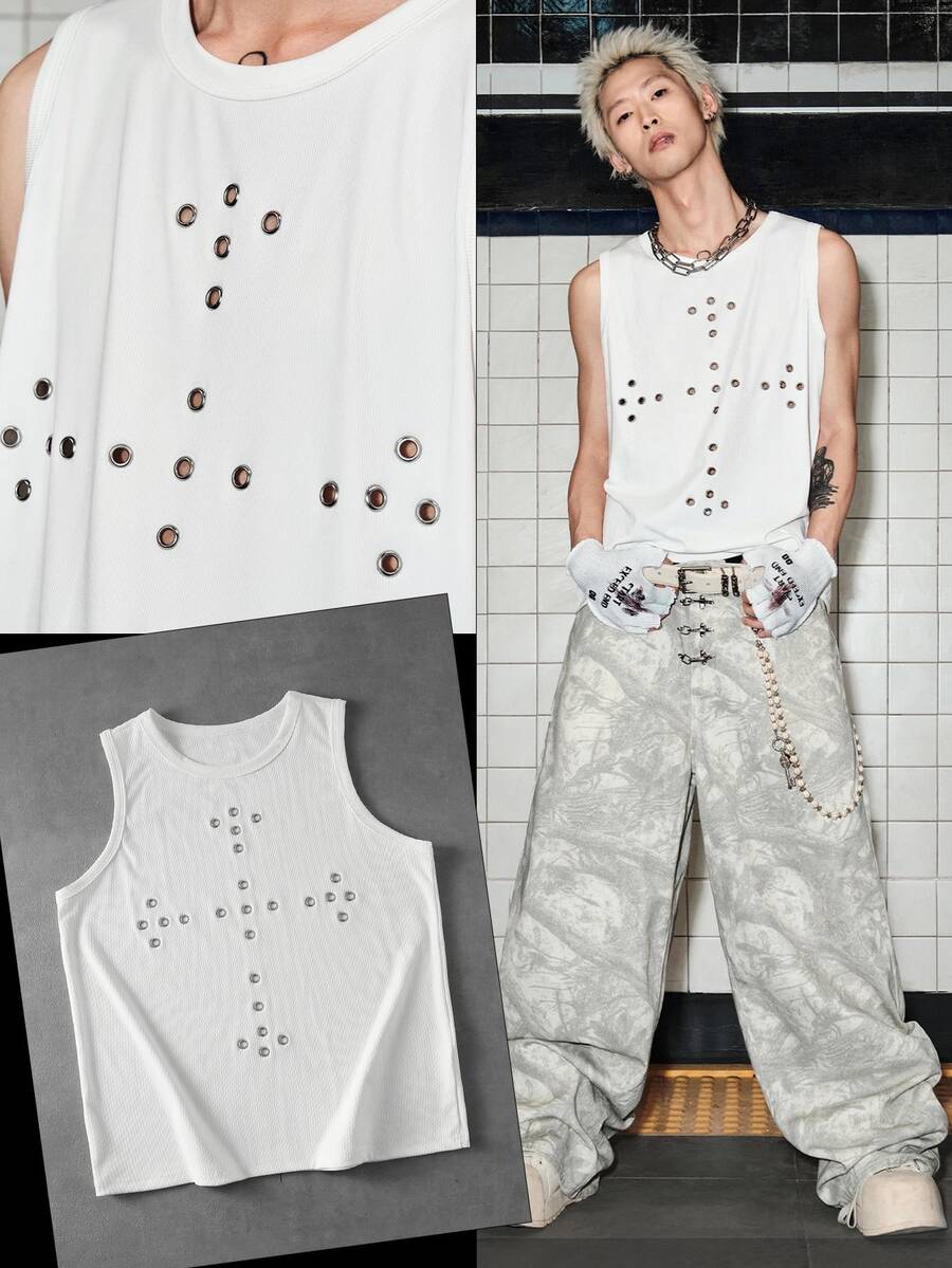 ROMWE MEN Street Life Men's Cross Eyelet Tank Top - White - View 1