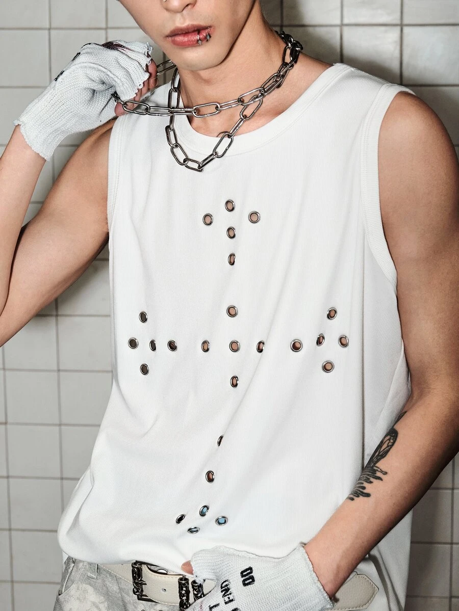 ROMWE MEN Street Life Men's Cross Eyelet Tank Top - White - View 1