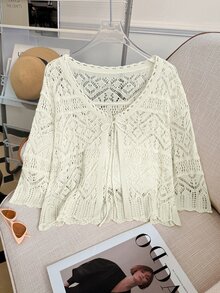 GlowEve 女士轻薄镂空七分袖开衫，夏季新品 - 白色 - 查看 3