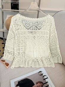 GlowEve 女士轻薄镂空七分袖开衫，夏季新品 - 白色 - 查看 2