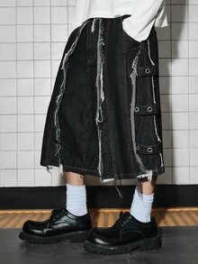ROMWE MEN Street Life 男士解構毛邊口袋休閒牛仔短褲 - 黑色 - 查看 4