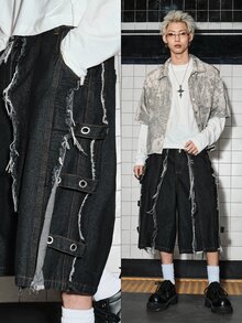 ROMWE MEN Street Life 男士解構毛邊口袋休閒牛仔短褲 - 黑色 - 查看 10