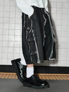 ROMWE MEN Street Life 男士解構毛邊口袋休閒牛仔短褲 - 黑色 - 查看 6