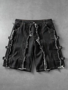 ROMWE MEN Street Life 男士解構毛邊口袋休閒牛仔短褲 - 黑色 - 查看 8