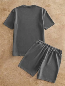 HIMLAND Men's T-Shirt Set, 2-Piece Summer Outfit, Waffle Knit Short Sleeve, Drawstring Shorts, Casual Activewear, Dark Grey Crewneck, Loungewear Set - Dark Grey - View 2