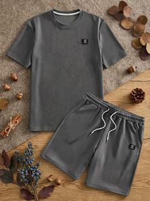 HIMLAND Men's T-Shirt Set, 2-Piece Summer Outfit, Waffle Knit Short Sleeve, Drawstring Shorts, Casual Activewear, Dark Grey Crewneck, Loungewear Set - Dark Grey - View 10