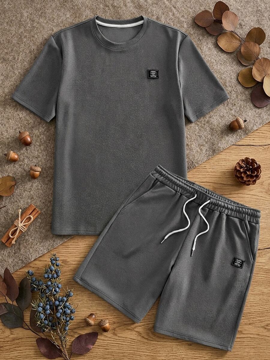 HIMLAND Men's T-Shirt Set, 2-Piece Summer Outfit, Waffle Knit Short Sleeve, Drawstring Shorts, Casual Activewear, Dark Grey Crewneck, Loungewear Set - Dark Grey - View 1