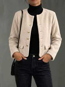 Franclia Women's Solid Color Long Sleeve Metal Single-Breasted Casual Jacket, Autumn/Winter - Apricot - View 1