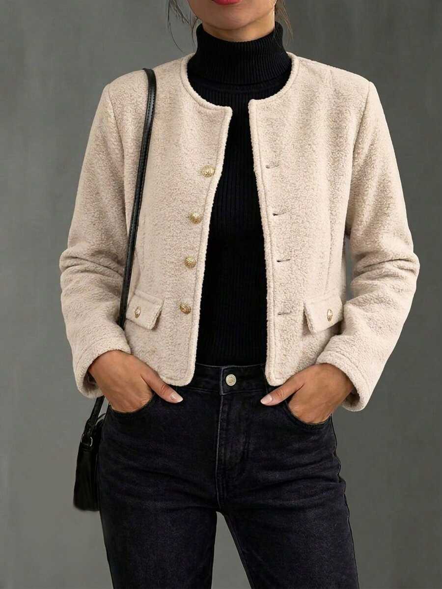 Franclia Women's Solid Color Long Sleeve Metal Single-Breasted Casual Jacket, Autumn/Winter - Apricot - View 1