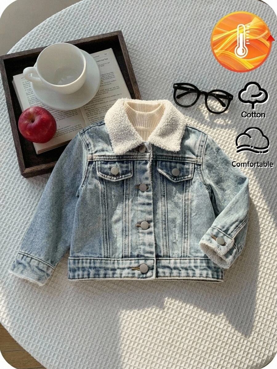 Jaket Lengan Panjang Longgar Berkerah Bulu Denim Biru untuk Bayi Perempuan, Musim Gugur/Musim Dingin - Medium Wash - View 1