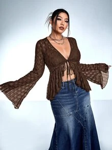 SHEIN ICON Plus Size Women's Solid Color Minimalist Daily Long Sleeve Tie-Up Top - Coffee Brown - View 6