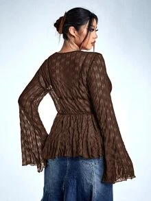 SHEIN ICON Plus Size Women's Solid Color Minimalist Daily Long Sleeve Tie-Up Top - Coffee Brown - View 2
