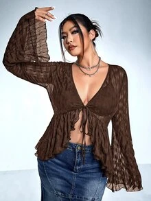 SHEIN ICON Plus Size Women's Solid Color Minimalist Daily Long Sleeve Tie-Up Top - Coffee Brown - View 3