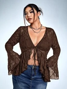 SHEIN ICON Plus Size Women's Solid Color Minimalist Daily Long Sleeve Tie-Up Top - Coffee Brown - View 7