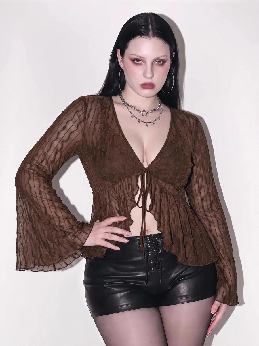 SHEIN ICON Plus Size Women's Solid Color Minimalist Daily Long Sleeve Tie-Up Top - Coffee Brown - View 1