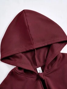 SHEIN 3件組青少年女孩休閒字母印花拉鍊連帽衫、秋季穿搭、純色細肩帶背心與針織字母印花寬腿褲 - 酒紅色 - 查看 7