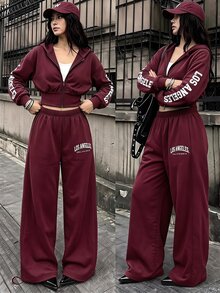 SHEIN 3件組青少年女孩休閒字母印花拉鍊連帽衫、秋季穿搭、純色細肩帶背心與針織字母印花寬腿褲 - 酒紅色 - 查看 3