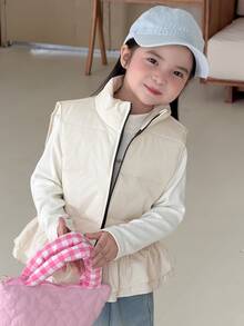 DAZY Young Girl Solid Color Zipper Casual Daily Winter Travel Padded Vest - White - View 2