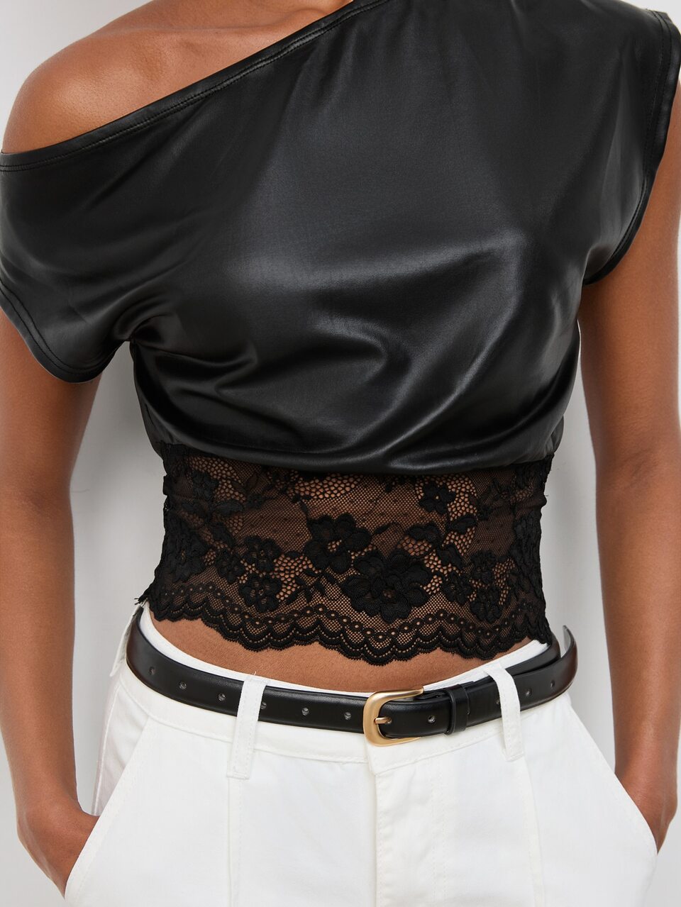 SHEIN Maija Asymmetrical Neck Contrast Lace Hem PU Leather Top