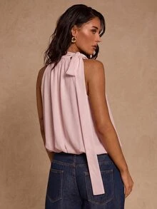 SHEIN Glamour 女士纯色打结设计灯笼领衬衫 - 粉色 - 查看 2
