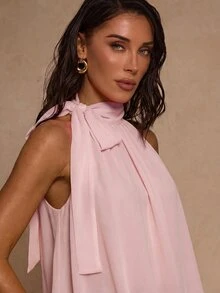 SHEIN Glamour 女士纯色打结设计灯笼领衬衫 - 粉色 - 查看 3