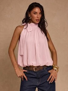 SHEIN Glamour 女士纯色打结设计灯笼领衬衫 - 粉色 - 查看 4