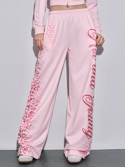 Pantalones largos casuales de cintura baja con estampado de leopardo rosa degradado estilo Y2K para uso diario de mujer