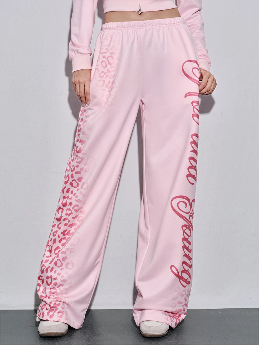 ROMWE Celana Panjang Wanita Kasual Pinggang Rendah Motif Leopard Pink Gradien Y2K untuk Sehari-hari - Berwarna merah muda - View 1