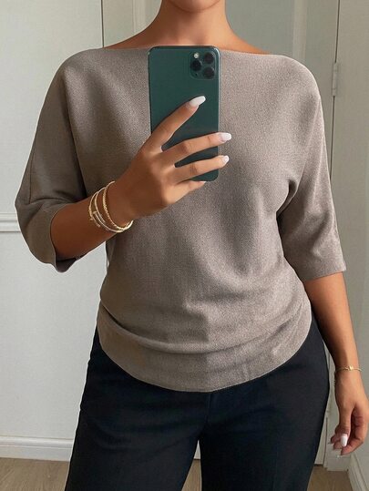 Dazy Plus Solid Color Loose Boat Neck Half Sleeve Casual Elegant Autumn/Winter Pullover Knit Sweater Top School