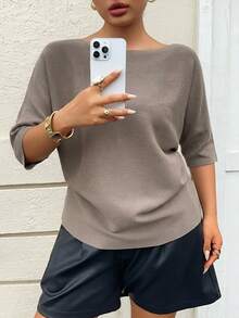 Dazy Plus Solid Color Loose Boat Neck Half Sleeve Casual Elegant Autumn/Winter Pullover Knit Sweater Top School - Khaki - View 2