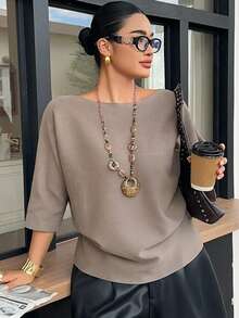 Dazy Plus Solid Color Loose Boat Neck Half Sleeve Casual Elegant Autumn/Winter Pullover Knit Sweater Top School - Khaki - View 4