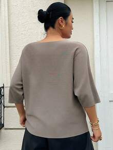 Dazy Plus Solid Color Loose Boat Neck Half Sleeve Casual Elegant Autumn/Winter Pullover Knit Sweater Top School - Khaki - View 7