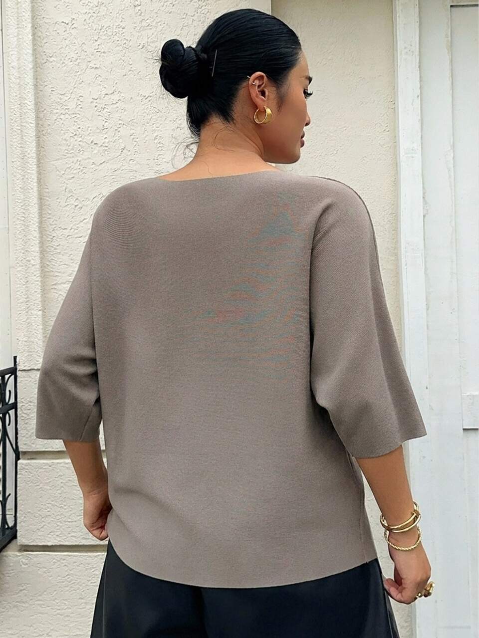 Dazy Plus Solid Color Loose Boat Neck Half Sleeve Casual Elegant Autumn/Winter Pullover Knit Sweater Top School
