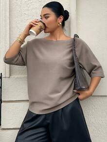 Dazy Plus Solid Color Loose Boat Neck Half Sleeve Casual Elegant Autumn/Winter Pullover Knit Sweater Top School - Khaki - View 5