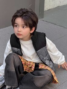 DAZY Young Boy Autumn/Winter Casual Plaid Patchwork Sleeveless Jacket - Black - View 14