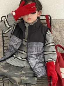 DAZY Young Boy Autumn/Winter Casual Plaid Patchwork Sleeveless Jacket - Black - View 8