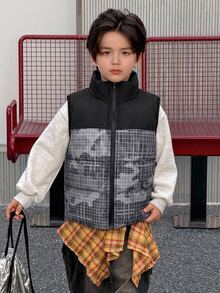 DAZY Young Boy Autumn/Winter Casual Plaid Patchwork Sleeveless Jacket - Black - View 11