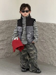 DAZY Young Boy Autumn/Winter Casual Plaid Patchwork Sleeveless Jacket - Black - View 3