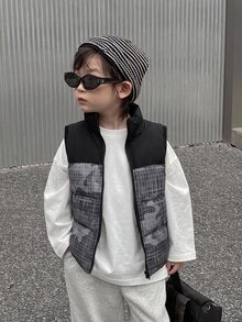 DAZY Young Boy Autumn/Winter Casual Plaid Patchwork Sleeveless Jacket - Black - View 10