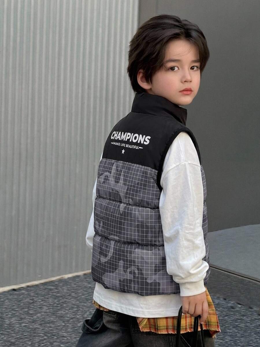DAZY Young Boy Autumn/Winter Casual Plaid Patchwork Sleeveless Jacket - Black - View 1