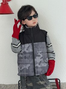 DAZY Young Boy Autumn/Winter Casual Plaid Patchwork Sleeveless Jacket - Black - View 7